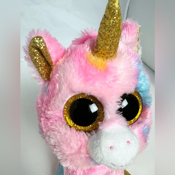 Ty Beanie Boo Pink Plush Unicorn Fluffy Fantasia Sparkly Gold Eyes Horn Feet NWT - Picture 10 of 11